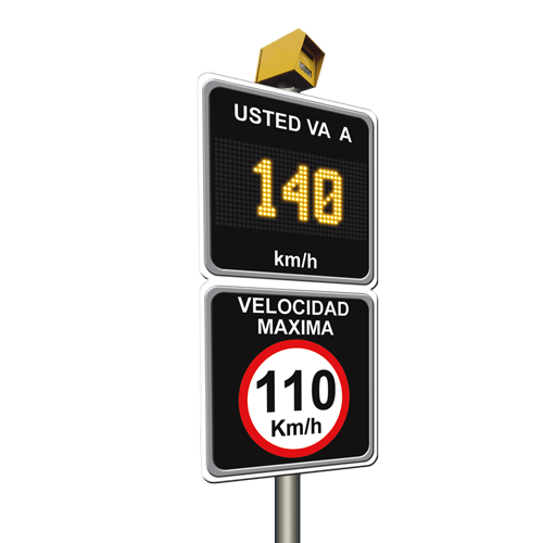 Sistema de velocidad que consta de radar con rango de 2 millas y sensor doppler, tablero con fondo en reflejante grado ingeniería con elementos en vinil,