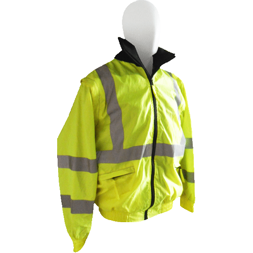 Chamarra de seguridad fabricada en nylon repelente al agua, forro afelpado negro de alta calidad, tiras reflejantes en mangas y alrededor del dorso,