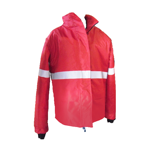 Chamarra tipo náutica desmontable, fabricada en tela tiburón repelente al agua, forro capitonado de alta calidad, franjas reflejantes en mangas y dorso, mangas y capucha desmontables,