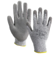 Guante anticortes fabricado en HPPE gris tejido, corte 5, recubierto de poliuretano gris en dorso y palma hasta los nudillos, puño elástico tipo calcetín.